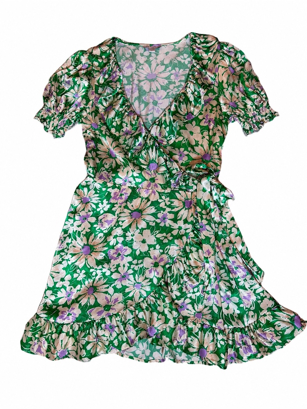 Topshop Green Floral Wrap Daisy Mini Dress Satin Ruffle Size 6